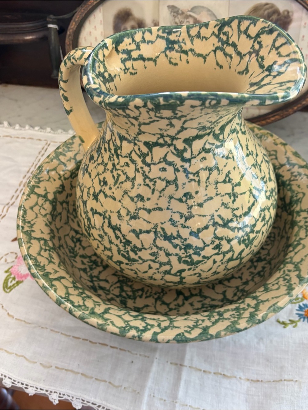 Pfaltzgraff Cream and Green Speckle Pitcher with Matching Bowl